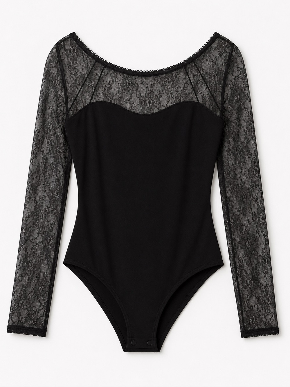 Black Sheer Lace Long-Sleeve Bodysuit with Sweetheart Neckline